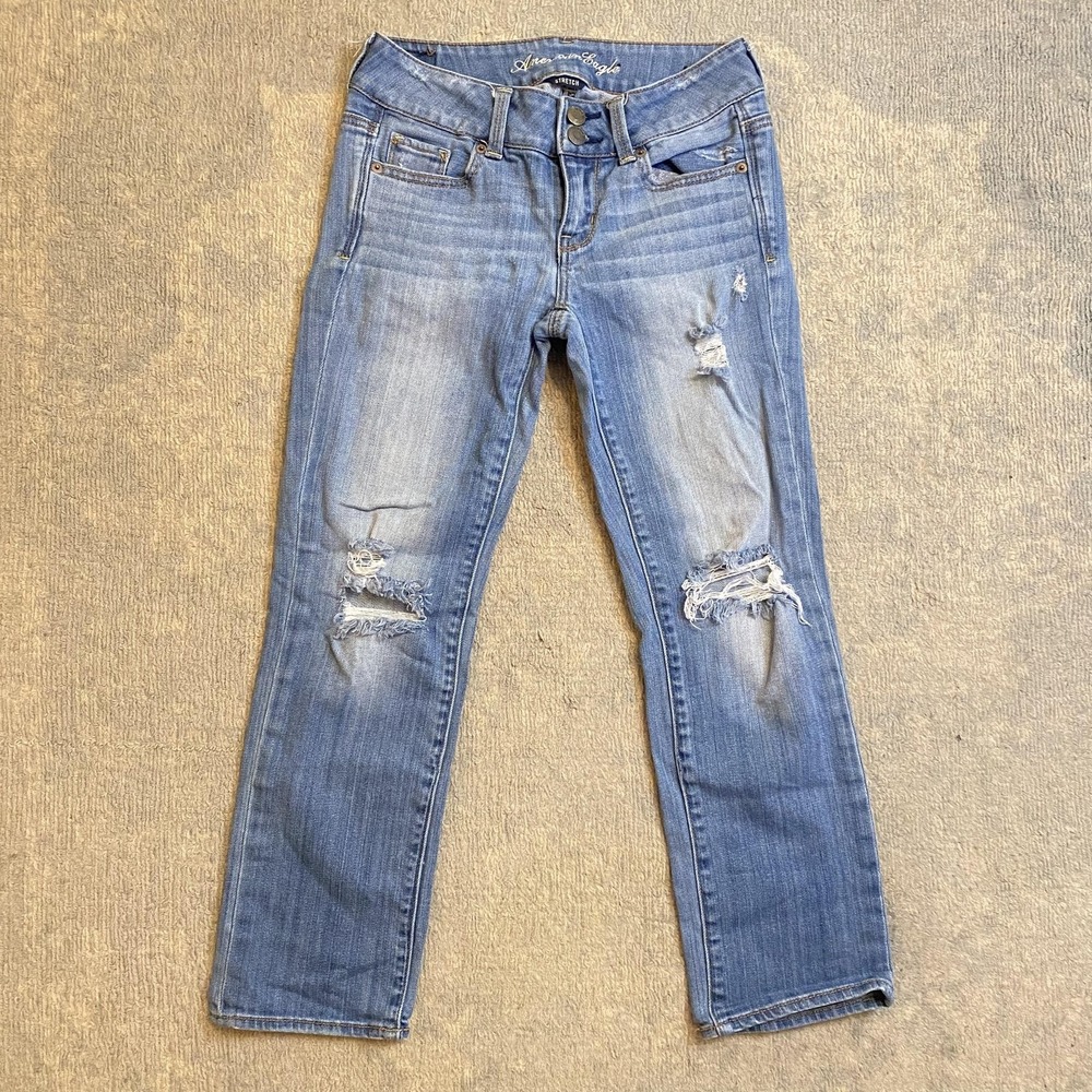 American Eagle Artist Jeans Womens 0 Blue Low Rise Bootcut Distressed Denim